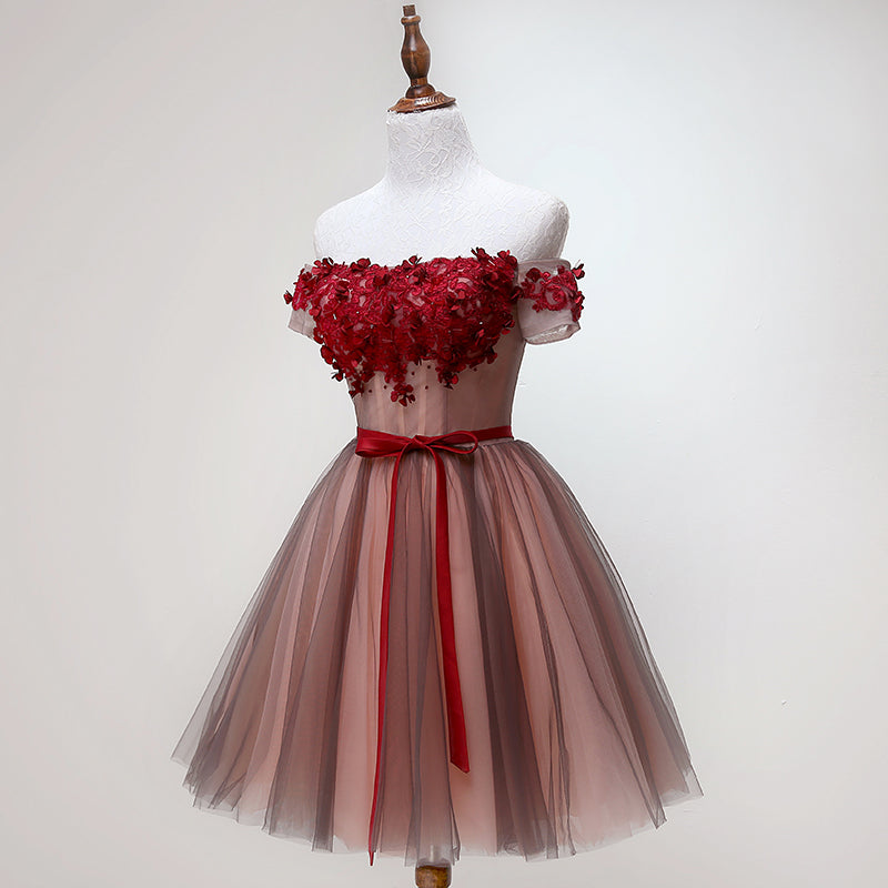 Beautiful Off Shoulder Tulle Knee Length Party Dress , Red Homecoming Dress with Applique