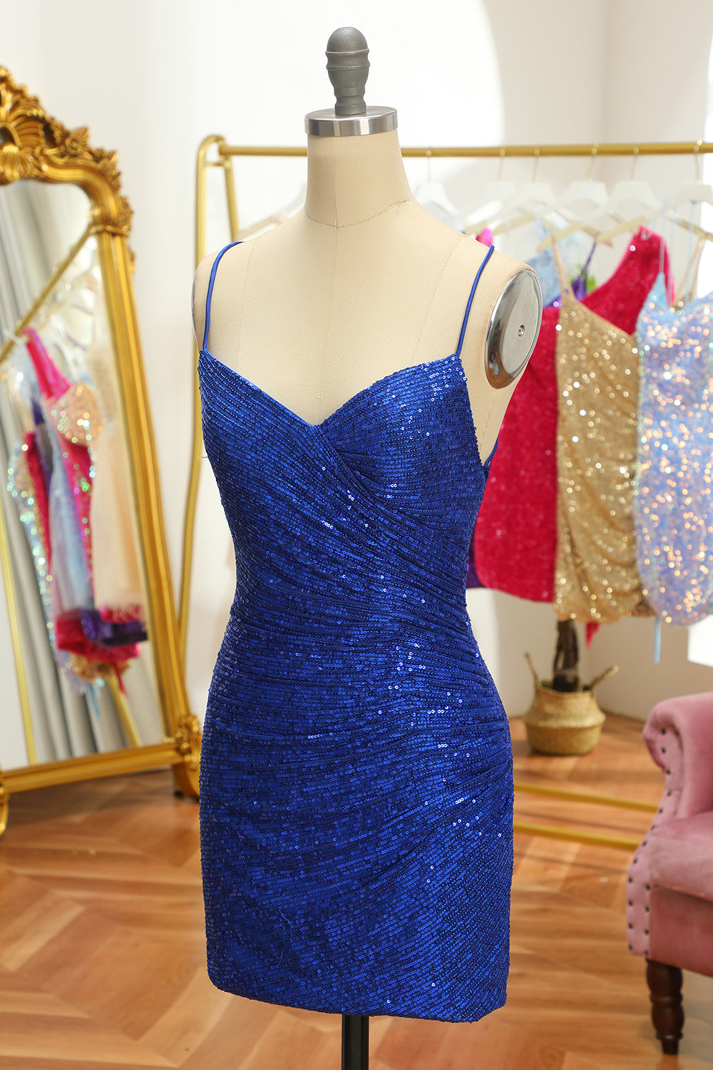 Blue Sequins Tight Backless Short Homecoming Dress