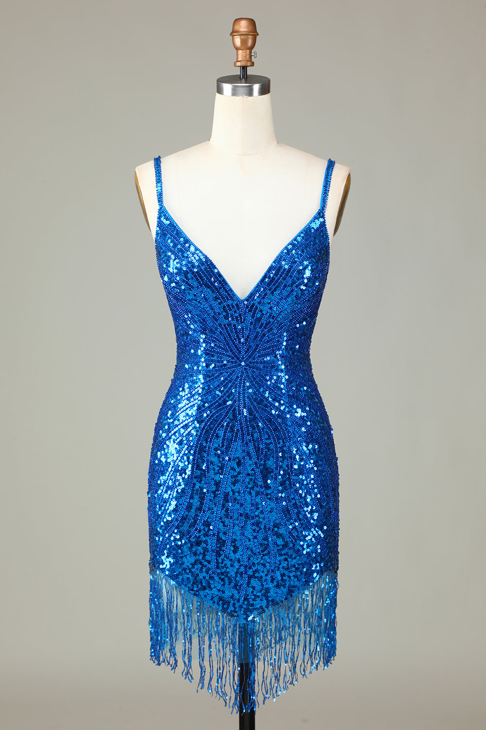 Sparkly Bodycon Spaghetti Straps Blue Sequins Short Homecoming Dress with Tassel