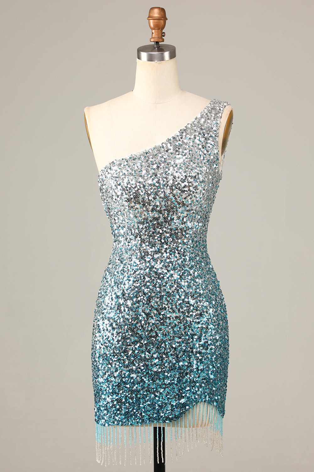 Sparkly Bodycon Spaghetti Straps Blue Sequins Short Homecoming Dress with Tassel