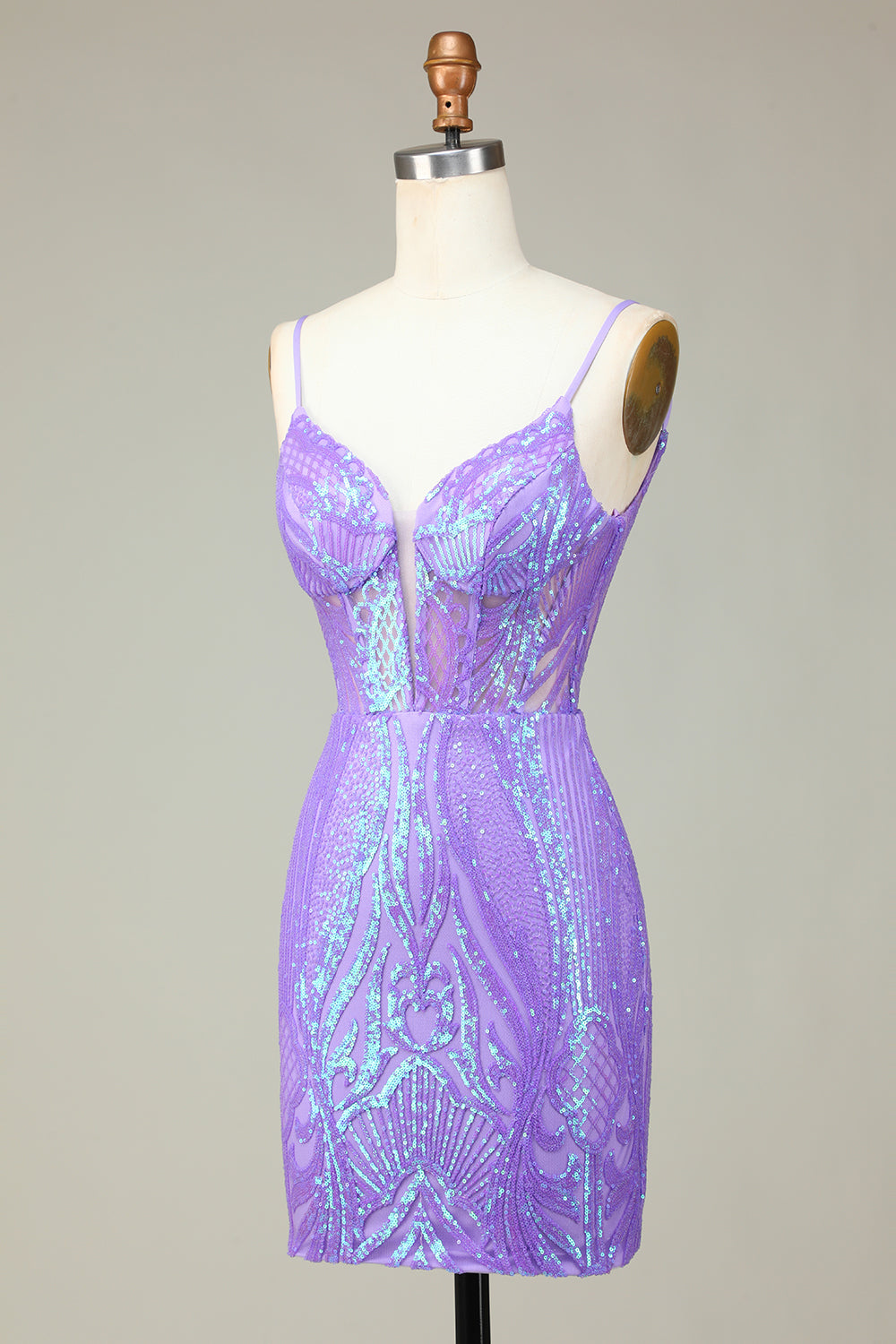 Stylish Bodycon Spaghetti Straps Lilac Sequins Corset Homecoming Dress with Criss Cross Back