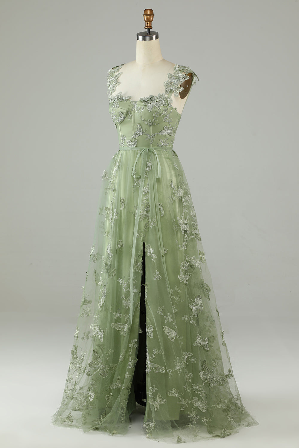 Green Corset Long Tulle Prom Dress with 3D Butterflies