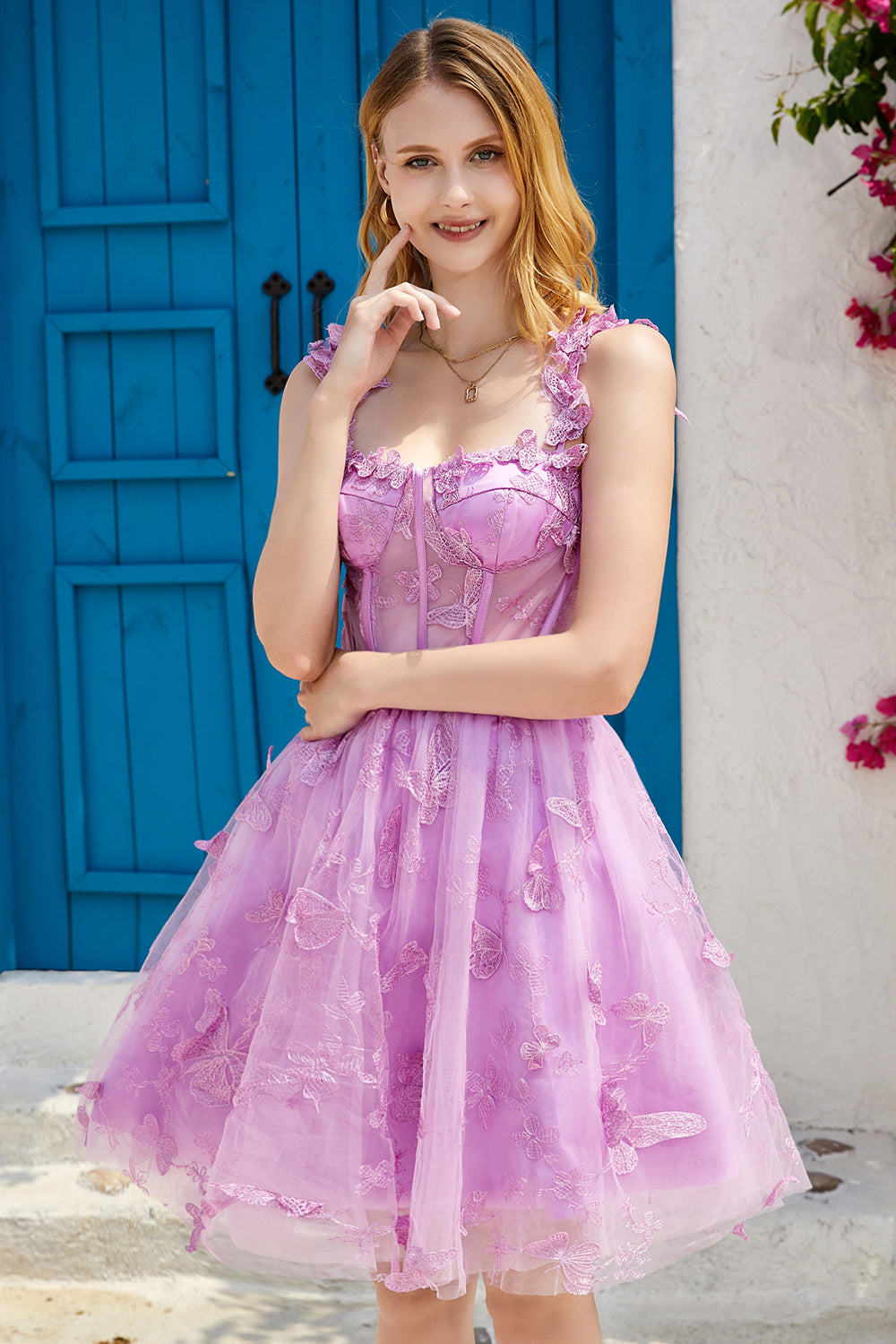 Purple A Line Corset Homecoming Dress with 3D Butterflies