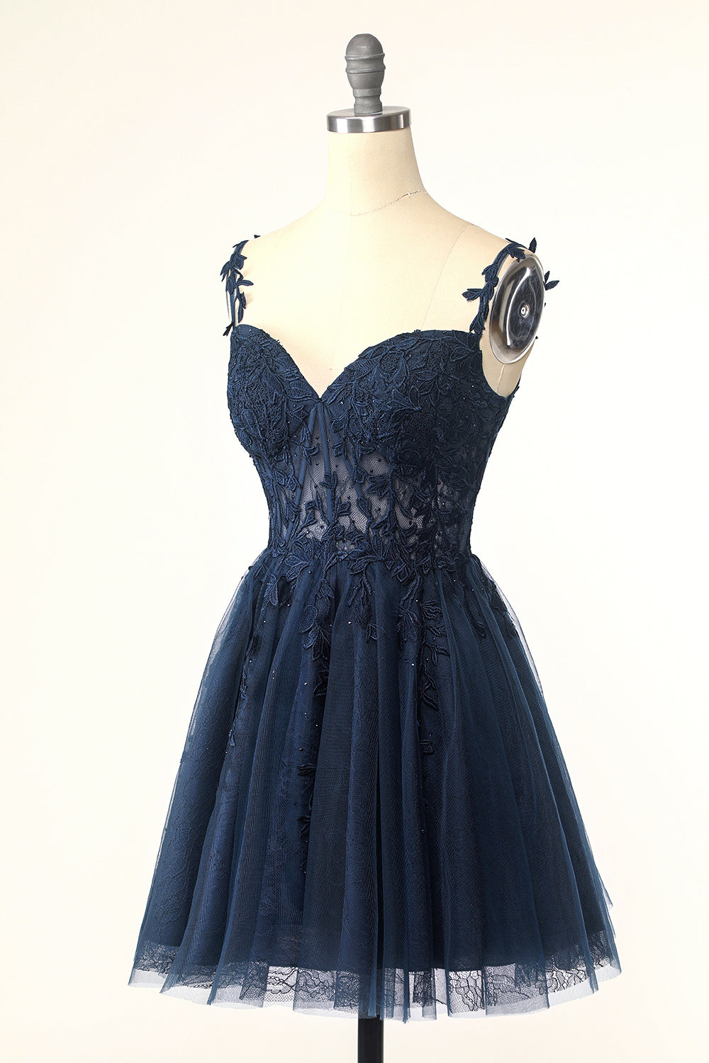 Navy Spaghetti Straps Short Homecoming Dress with Appliques