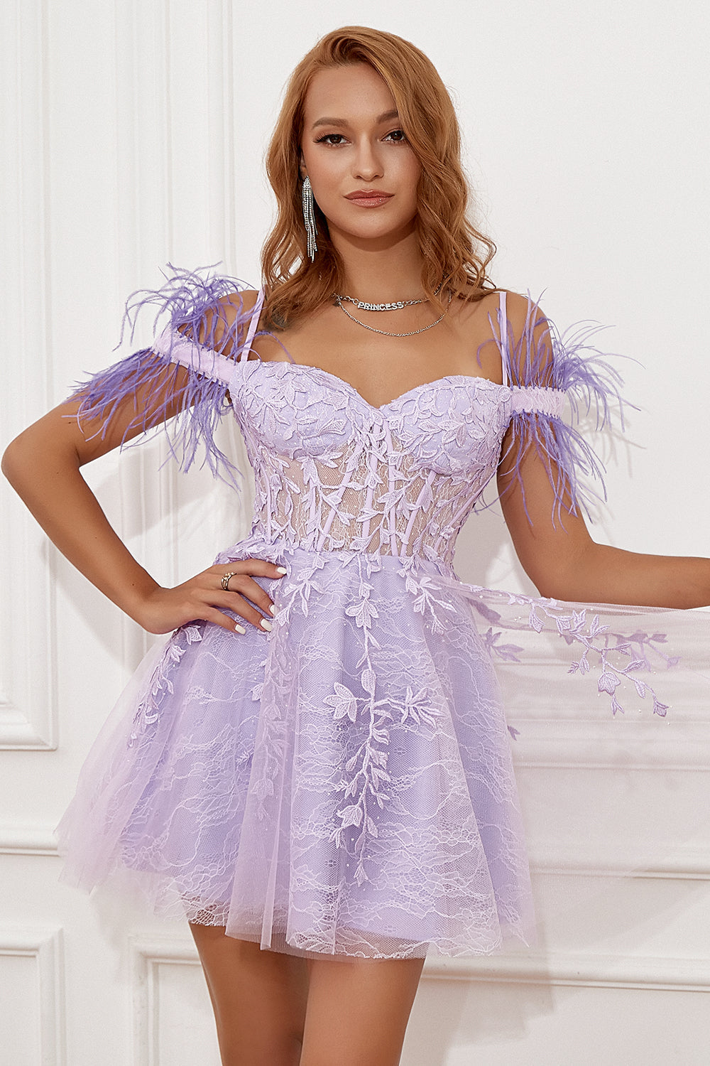 Lavender Off Shoulder Homecoming Dress with Feathers