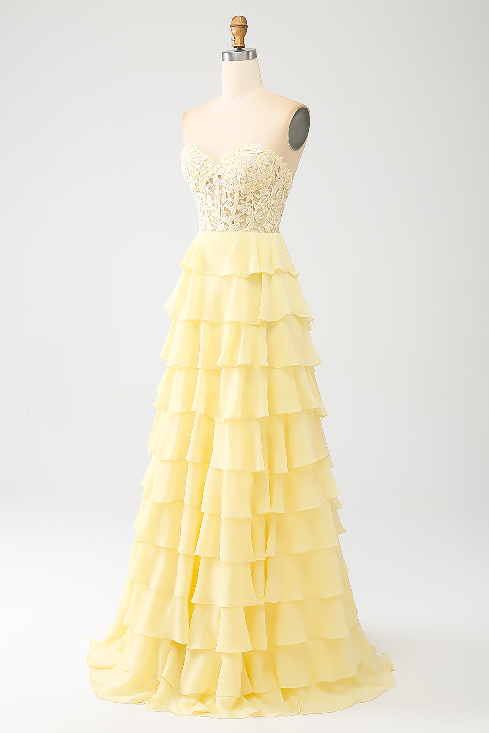 Yellow Sweetheart Tiered Long Prom Dress