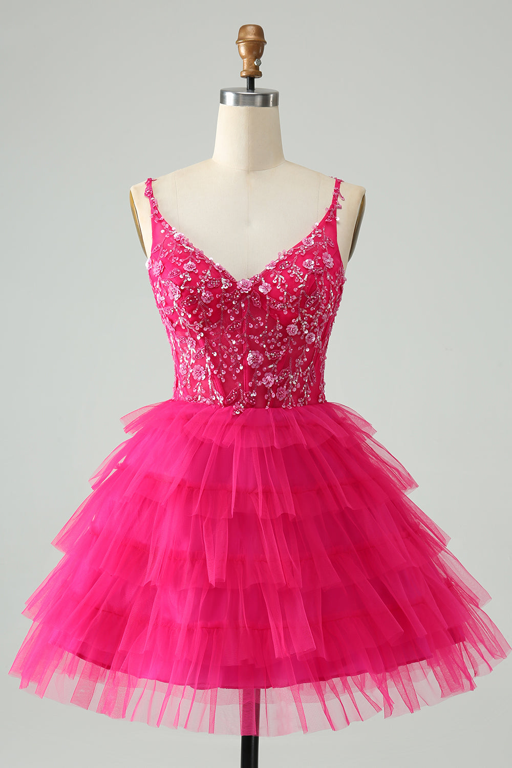 Hot Pink A Line Spaghetti Straps Tulle Tiered Short Homecoming Dress