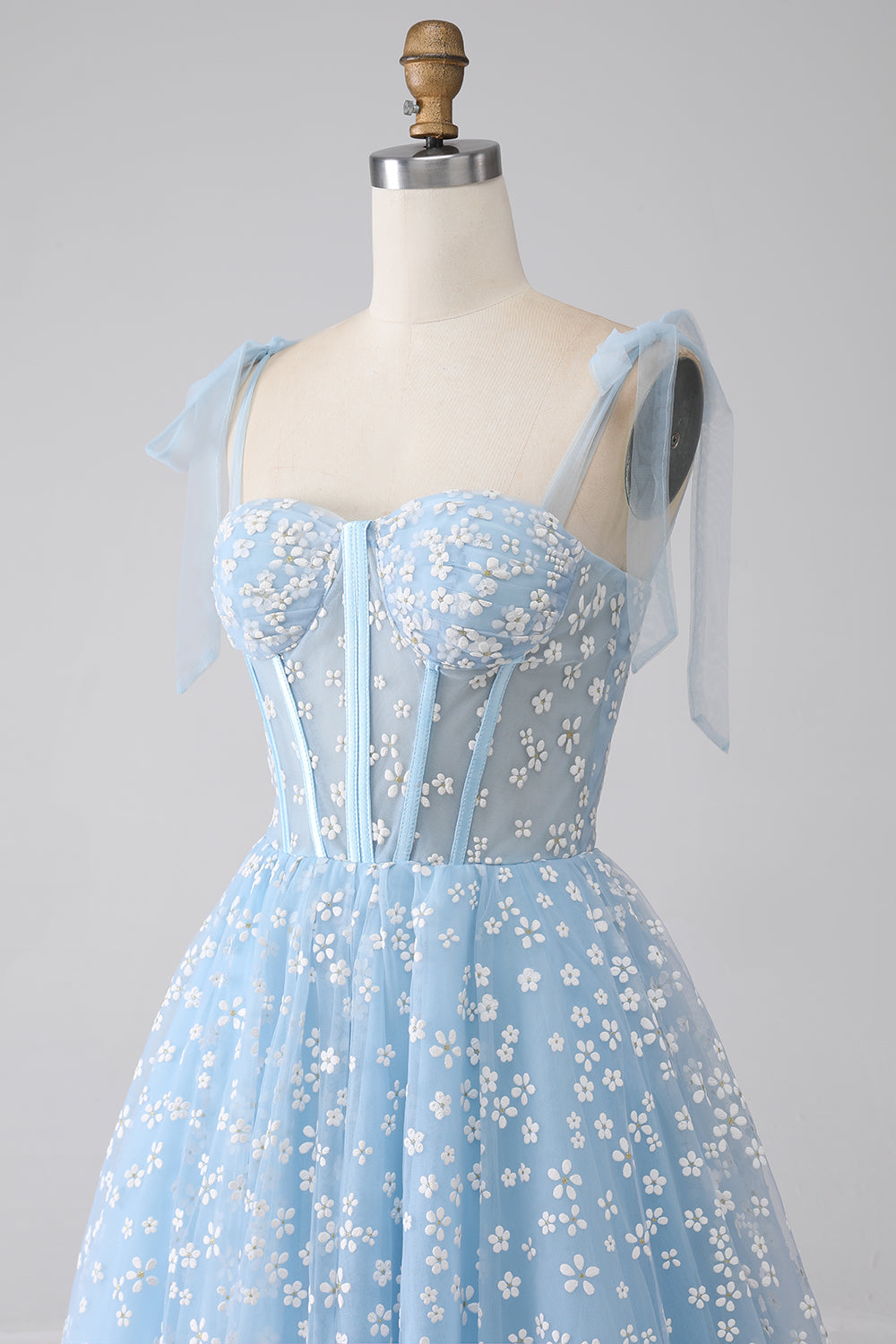 A-Line Spaghetti Straps Sky Blue Corset Prom Dress