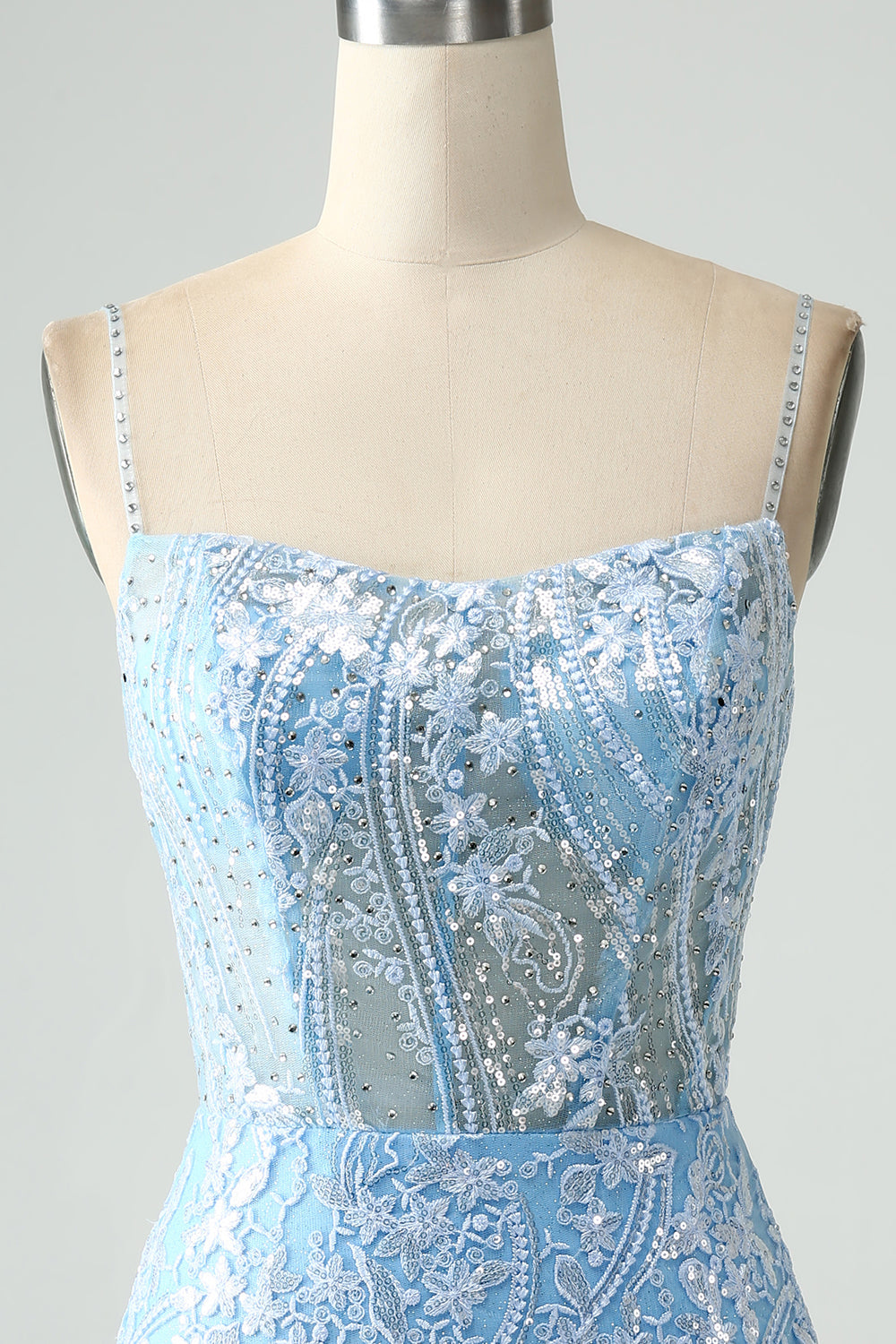 Sparkly Sky Blue Spaghetti Straps Beaded Short Homecoming Dress