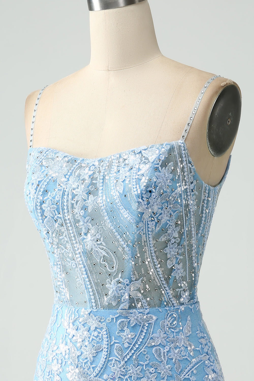 Sparkly Sky Blue Spaghetti Straps Beaded Short Homecoming Dress