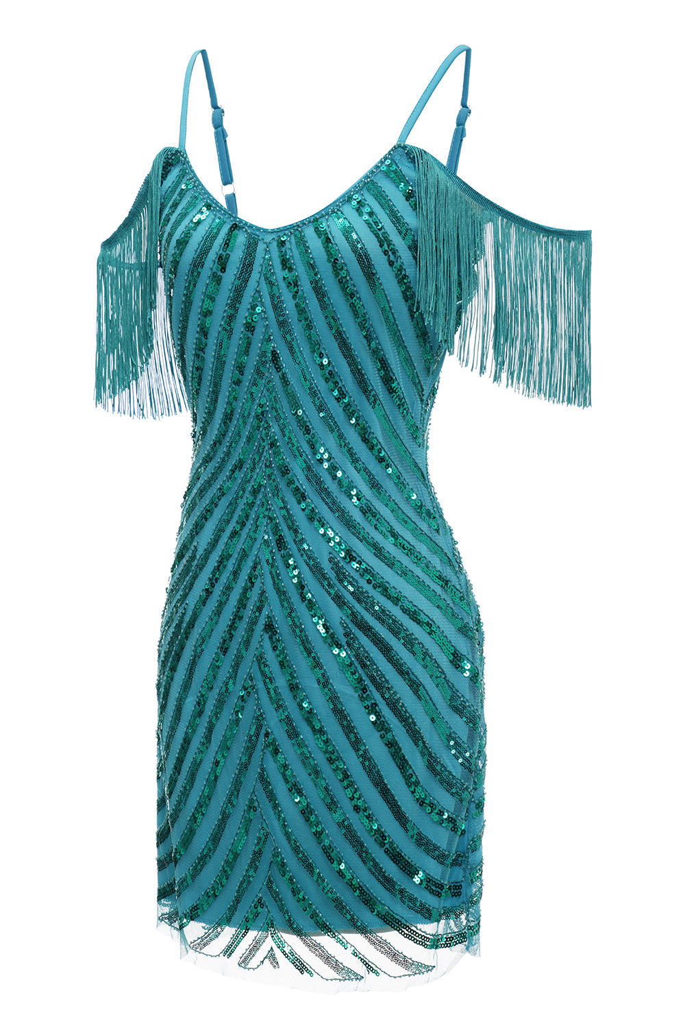 Sparkly Turquoise Tight Sequins Short Homecoming Dress with Fringes