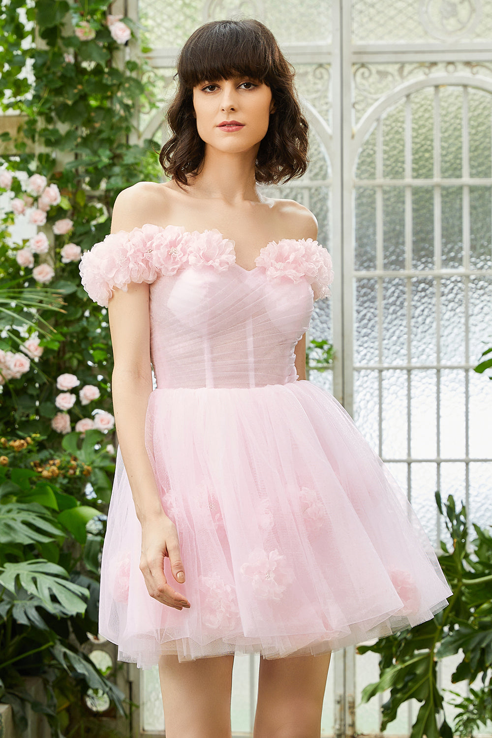 Pink Off the Shoulder Corset Homecoming Dress With Flowers