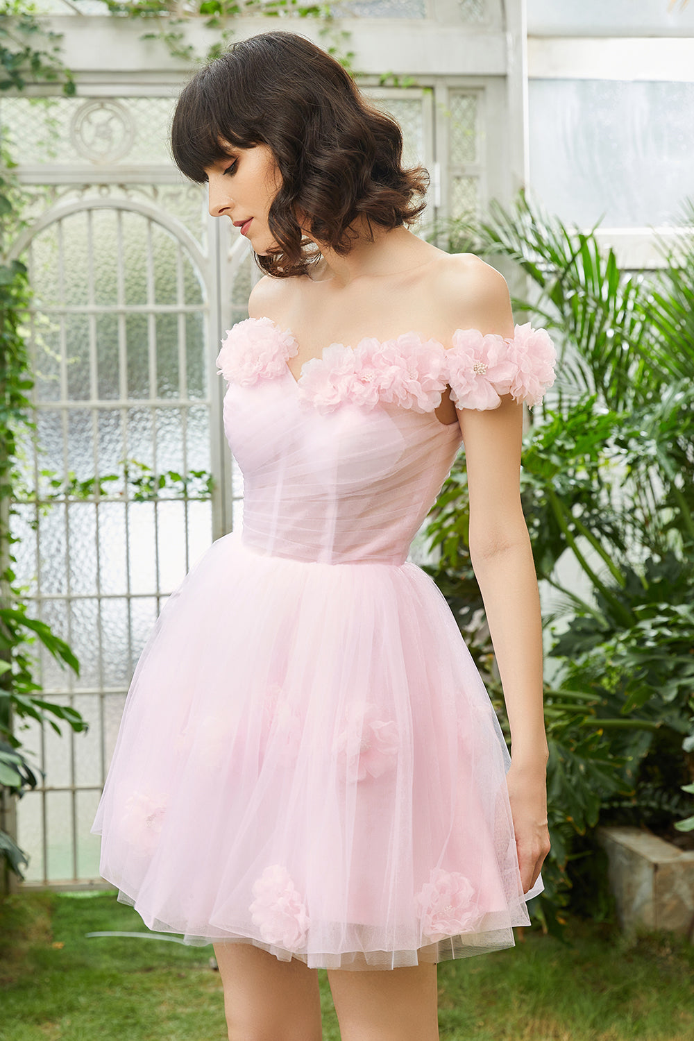 Pink Off the Shoulder Corset Homecoming Dress With Flowers