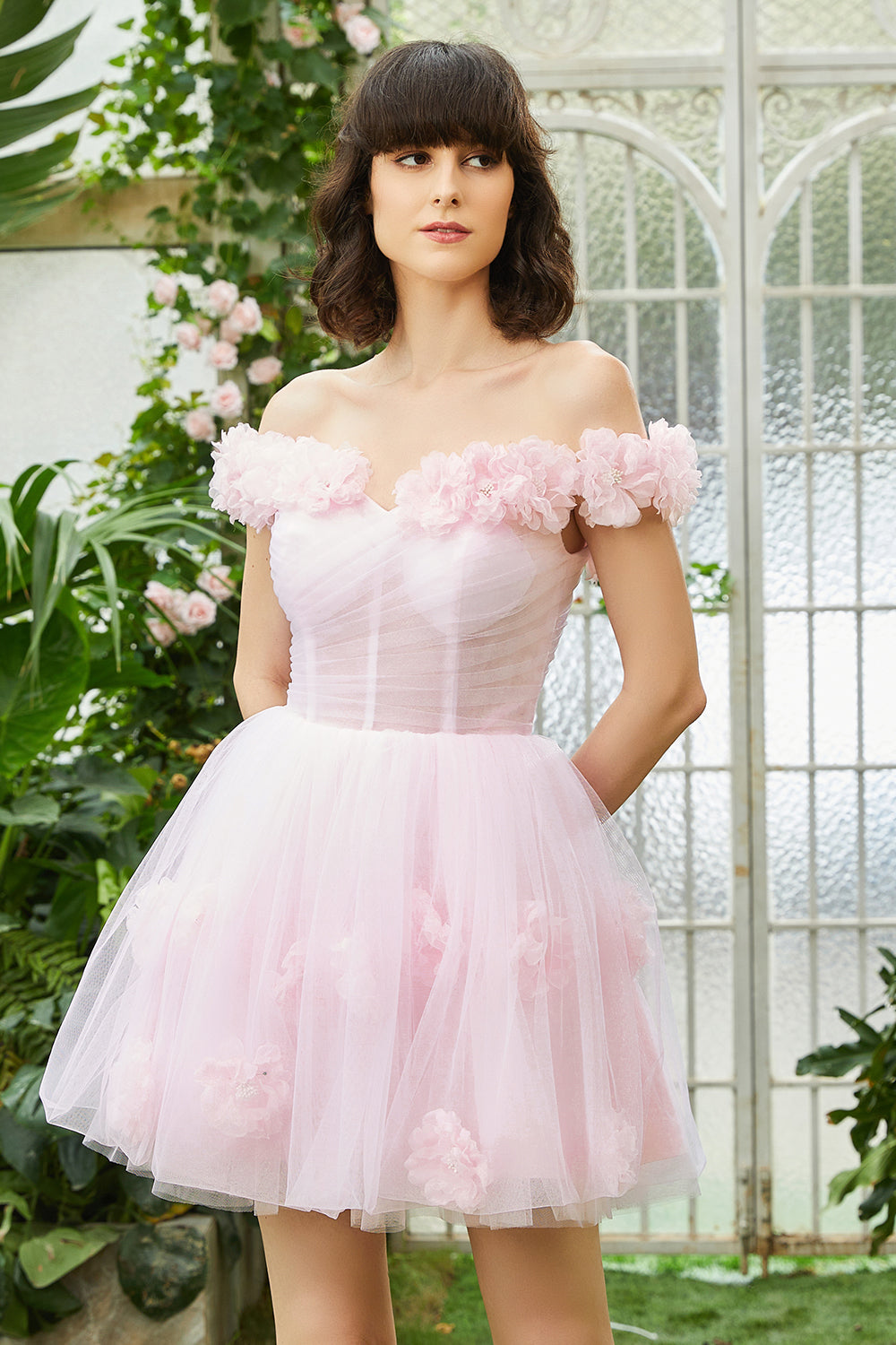 Pink Off the Shoulder Corset Homecoming Dress With Flowers