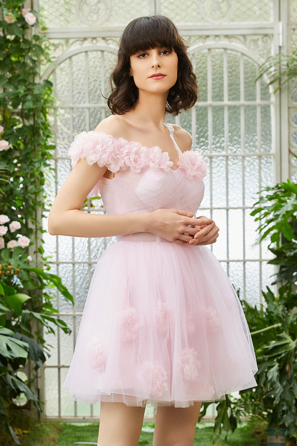 Pink Off the Shoulder Corset Homecoming Dress With Flowers