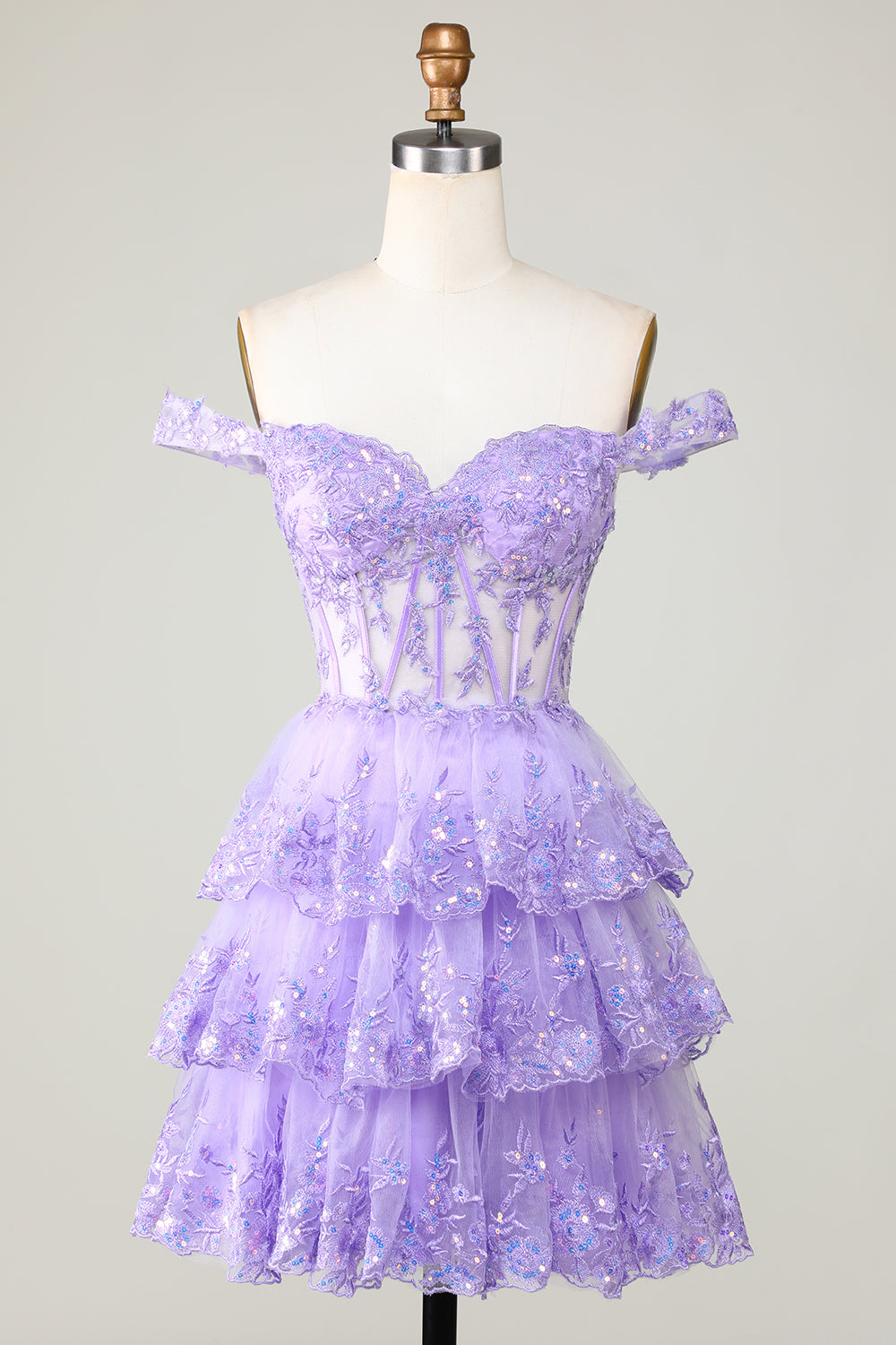 Princess A Line Purple Corset Tiered Short Homecoming Dress with Lace