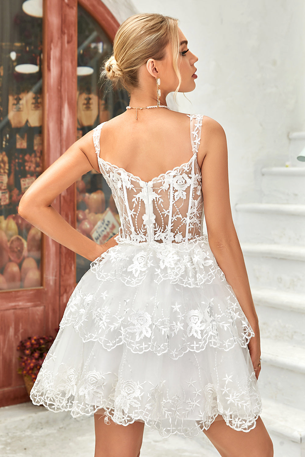 Princess A Line White Corset Tiered Short Homecoming Dress with Lace