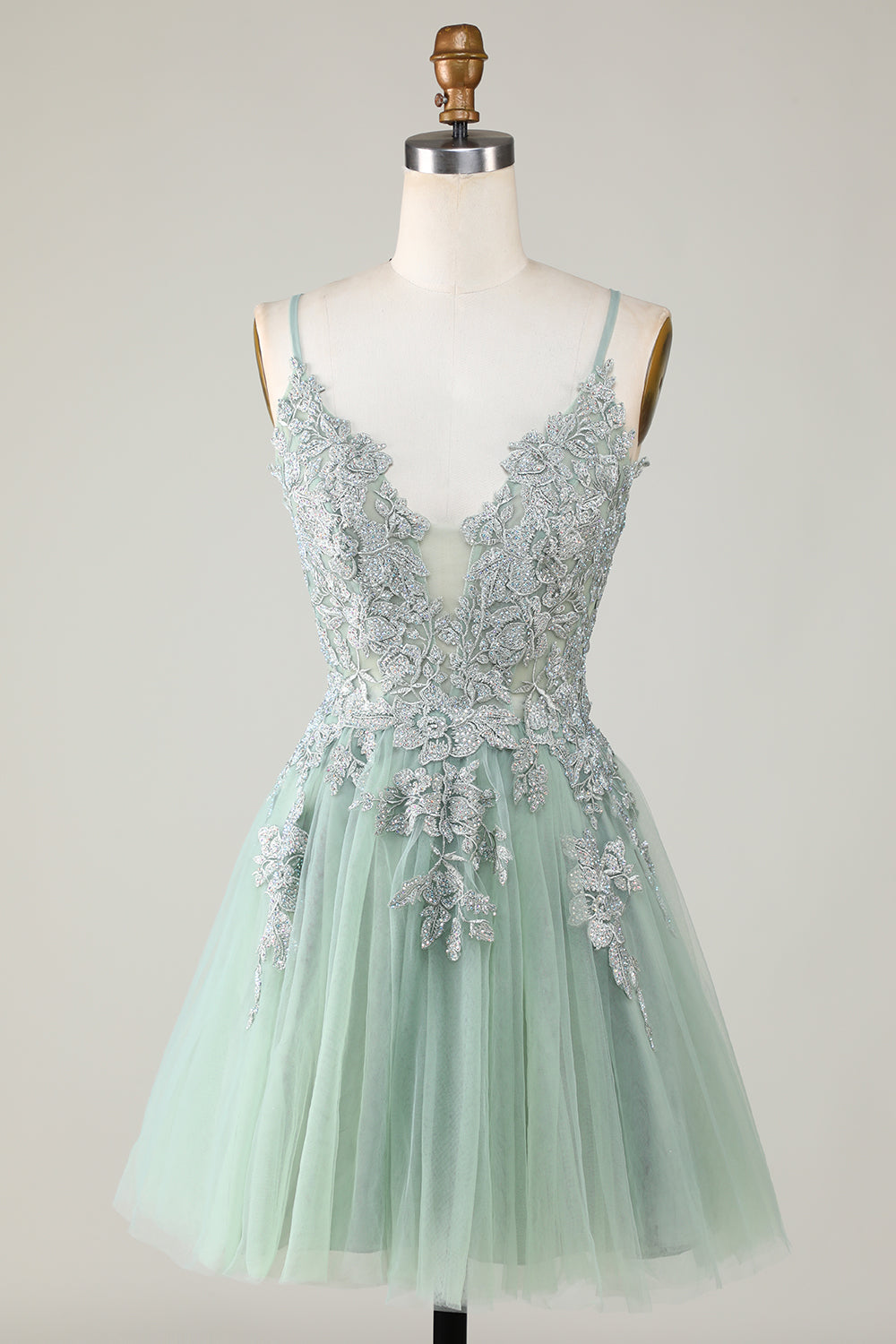 Stylish A Line Spaghetti Straps Green Short Homecoming Dress with Appliques