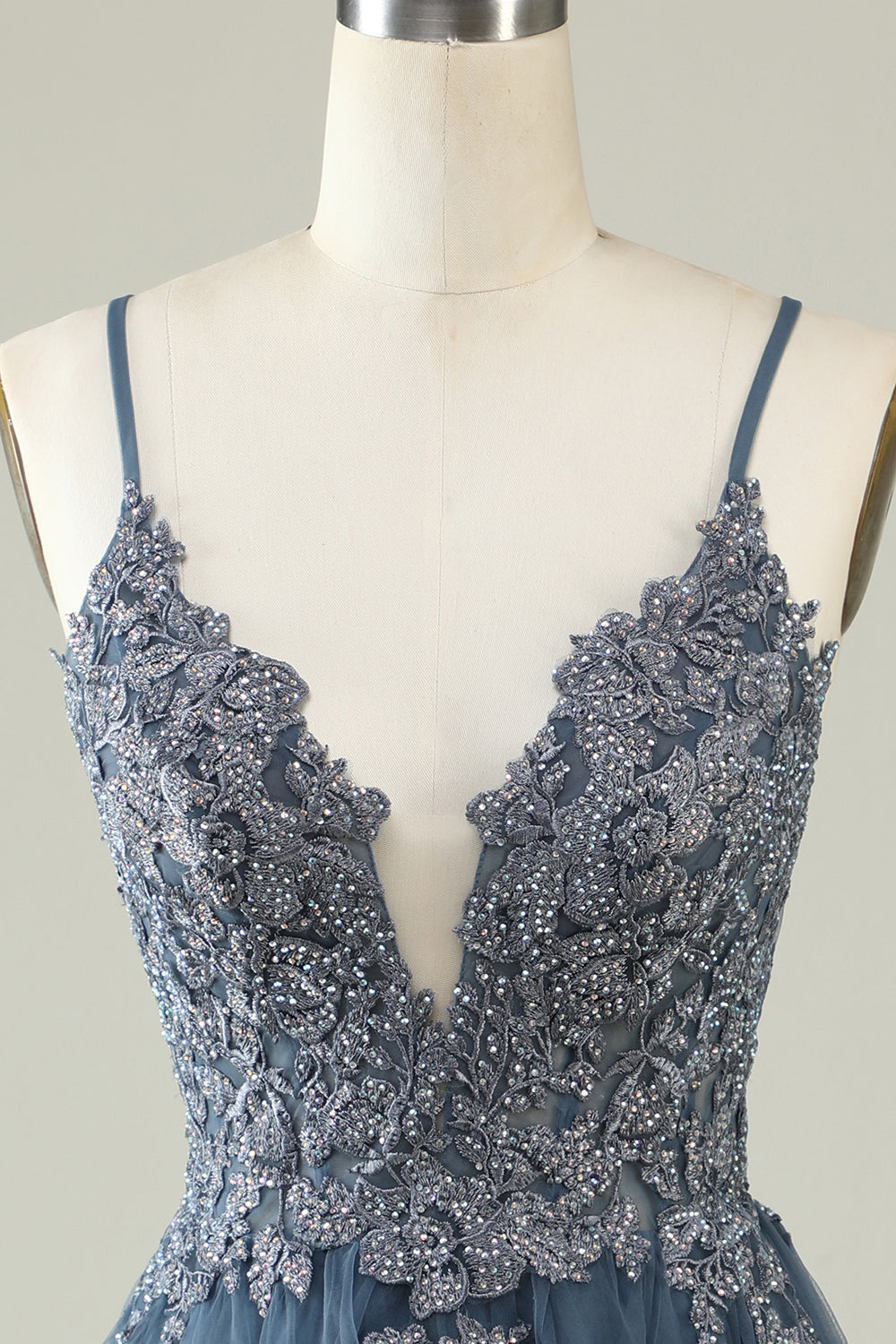 A Line Spaghetti Straps Grey Blue Short Homecoming Dress with Appliques