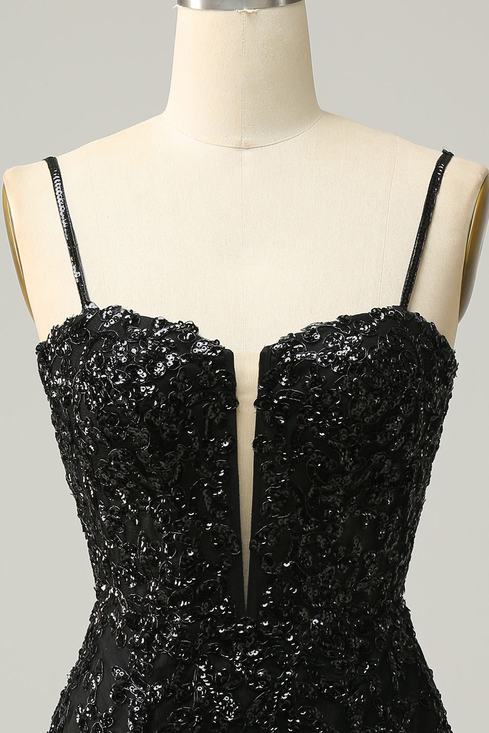 Sheath Spaghetti Straps Black Sequins Short Homecoming Dress with Criss Cross Back