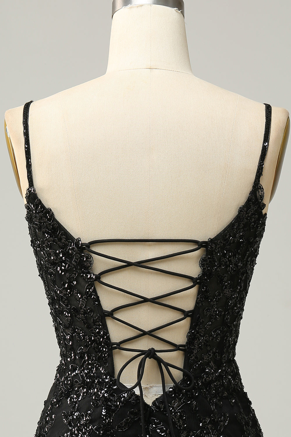 Sheath Spaghetti Straps Black Sequins Short Homecoming Dress with Criss Cross Back