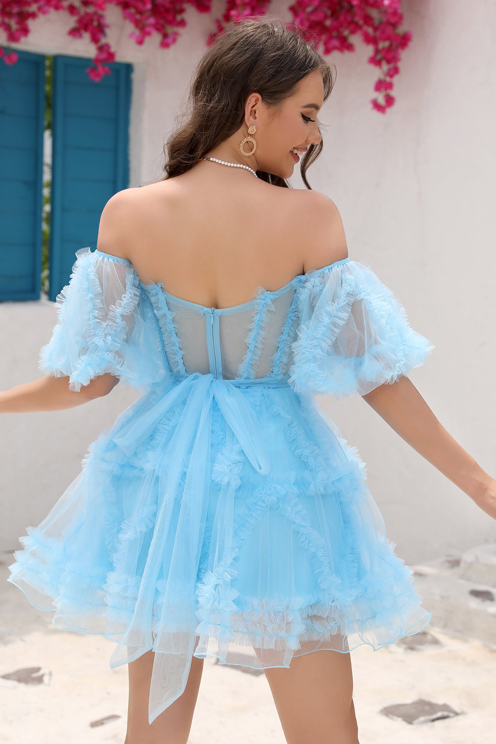 Blue Tulle Off The Shoulder Short Homecoming Dress