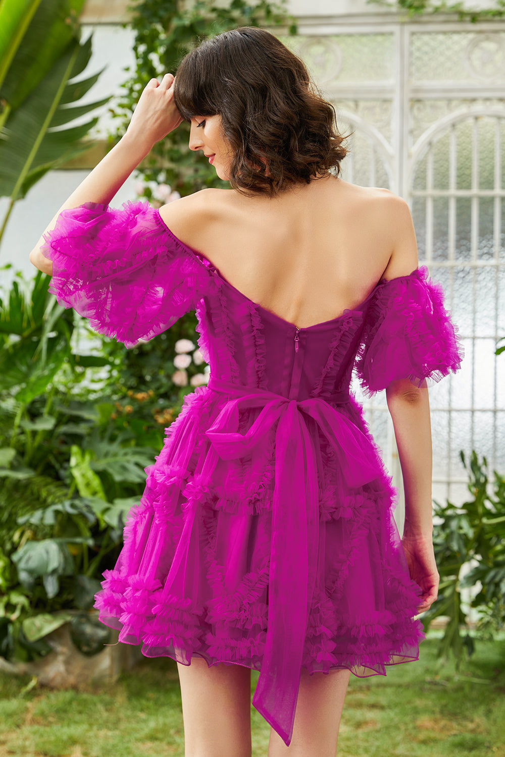 Stylish A Line Off the Shoulder Fuchsia Corset Homecoming Dress with Sleeves