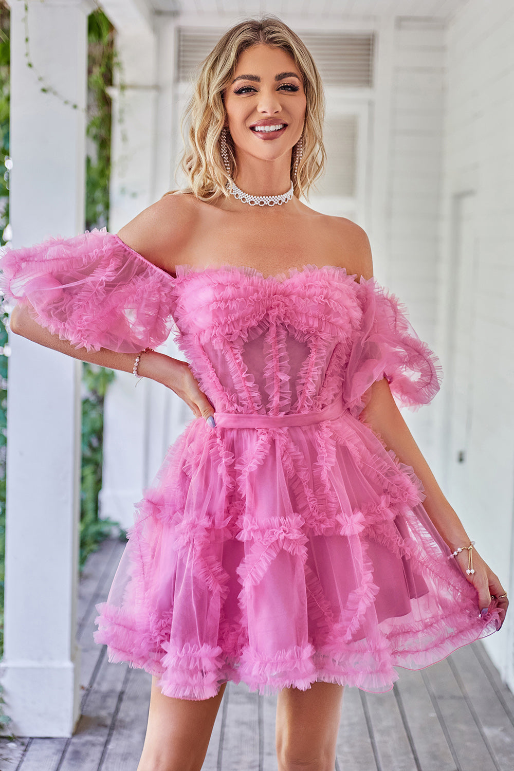 Blue Tulle Off The Shoulder Short Homecoming Dress