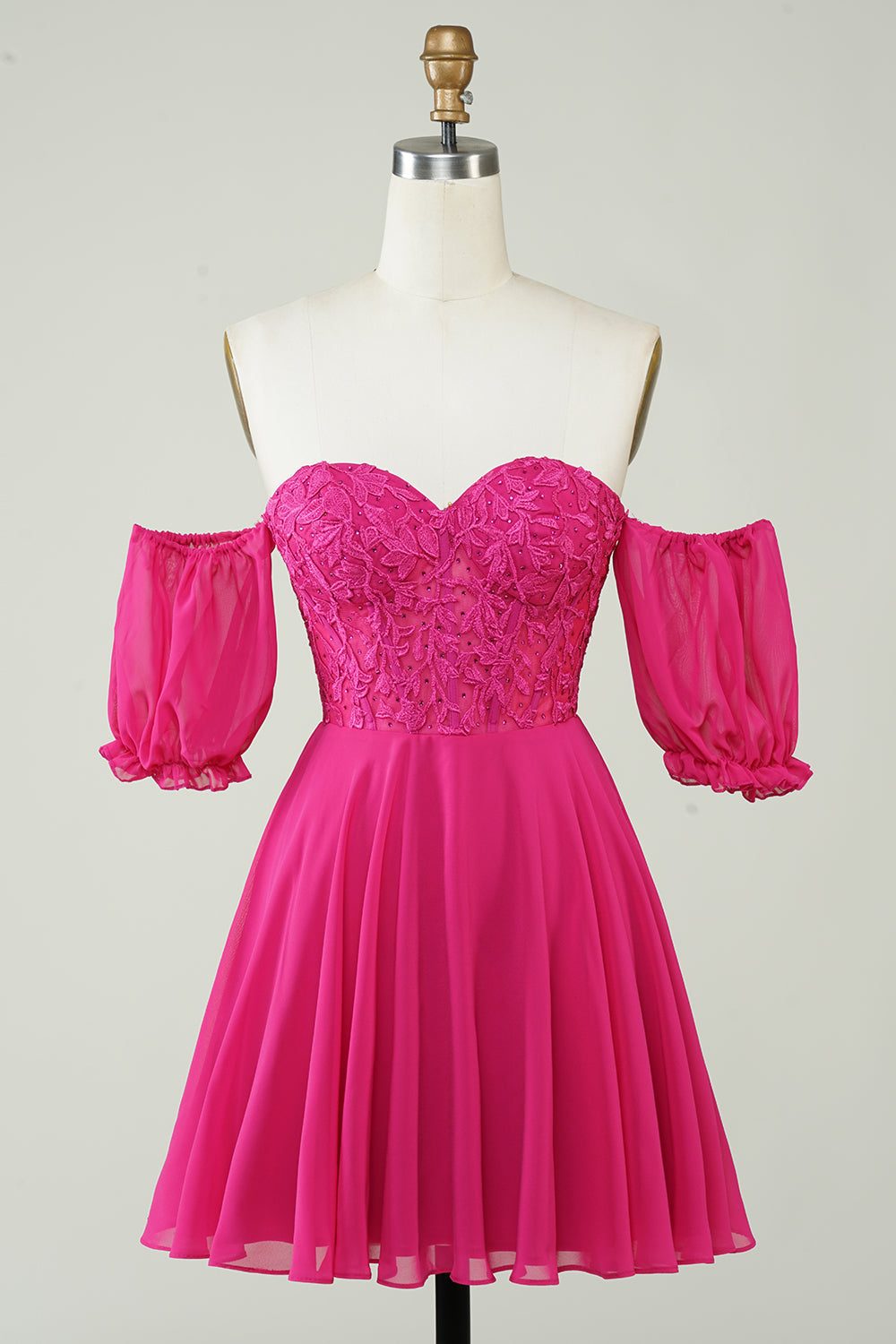 Fuchsia Corset A-Line Chiffon Short Homecoming Dress with Lace