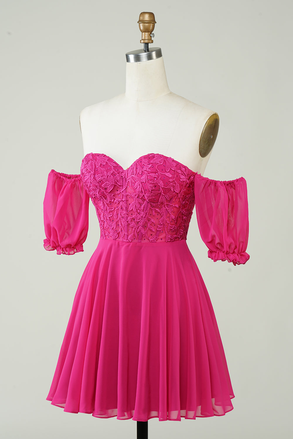 Fuchsia Corset A-Line Chiffon Short Homecoming Dress with Lace