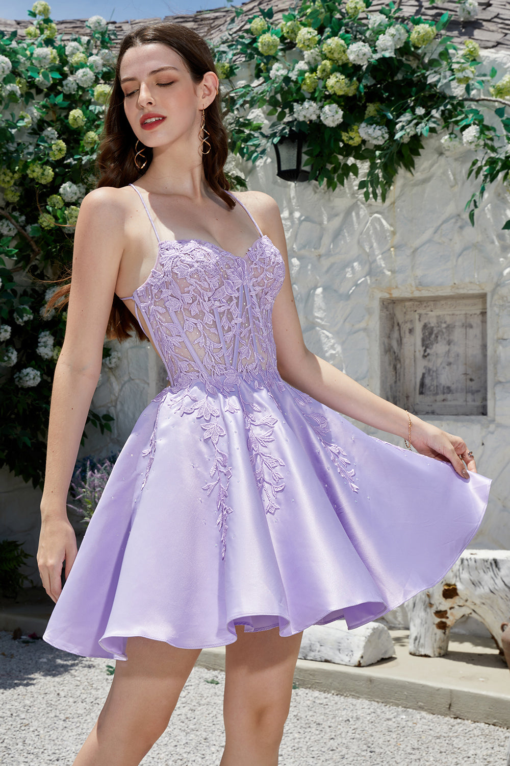 Cute A Line Spaghetti Straps Purple Corset Homecoming Dress with Criss Cross Back