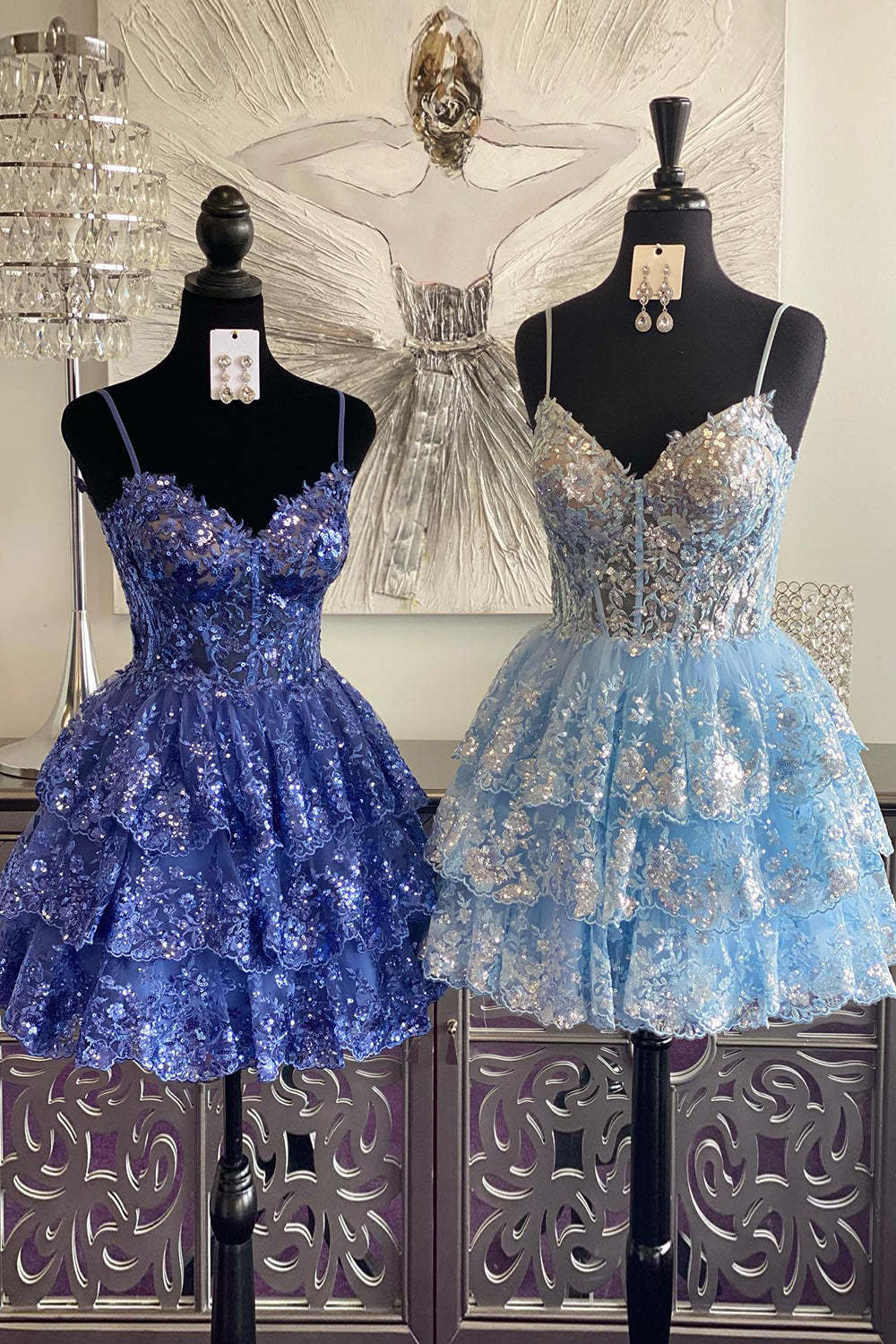 Reana | A- Line Sky Blue Sequins Multi-Layers Short Homecoming Dress