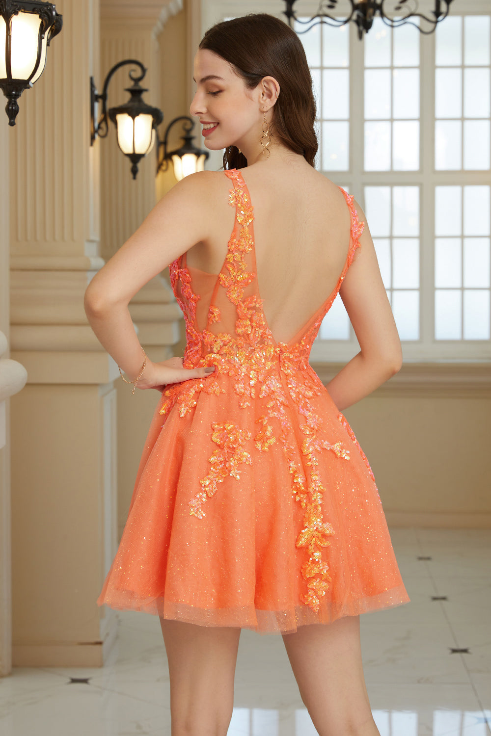 Orange A Line Glitter Homecoming Dress with Sequins