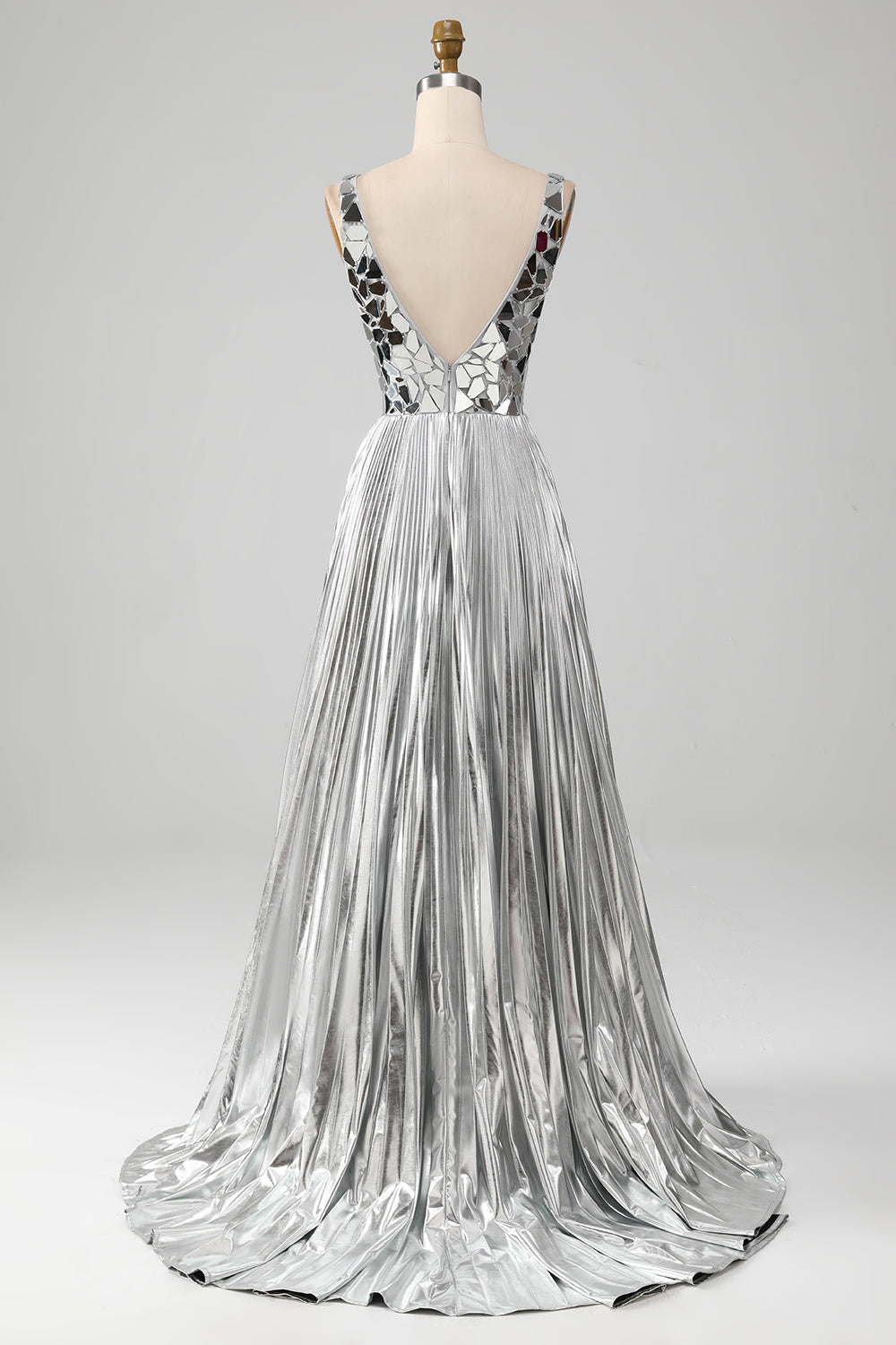 Sparkly A-Line V-Neck Silver Prom Dress with Slit