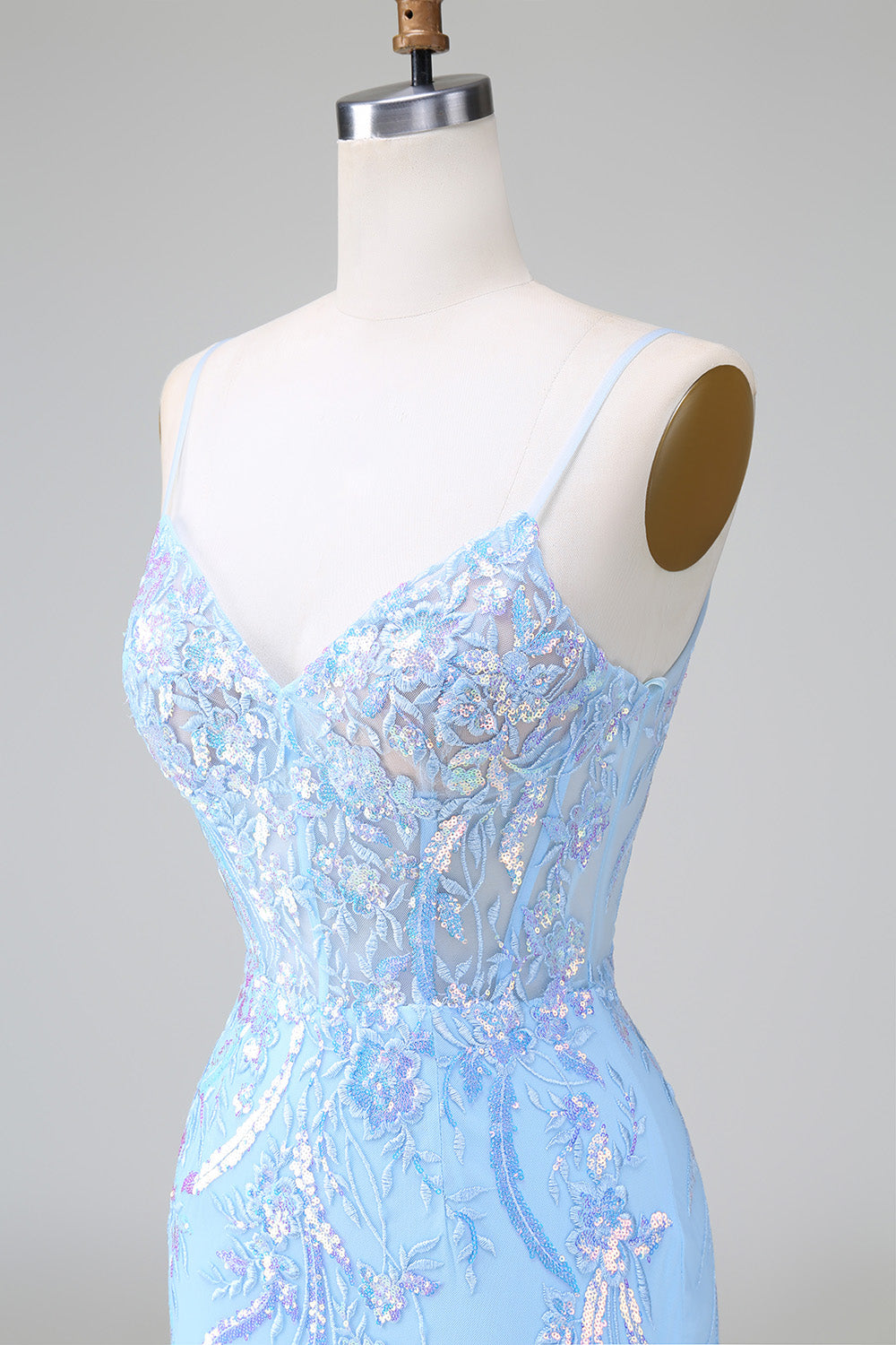 Sparkly Lilac Blue Corset Open Back Sequins Short Homecoming Dress with Embroidery