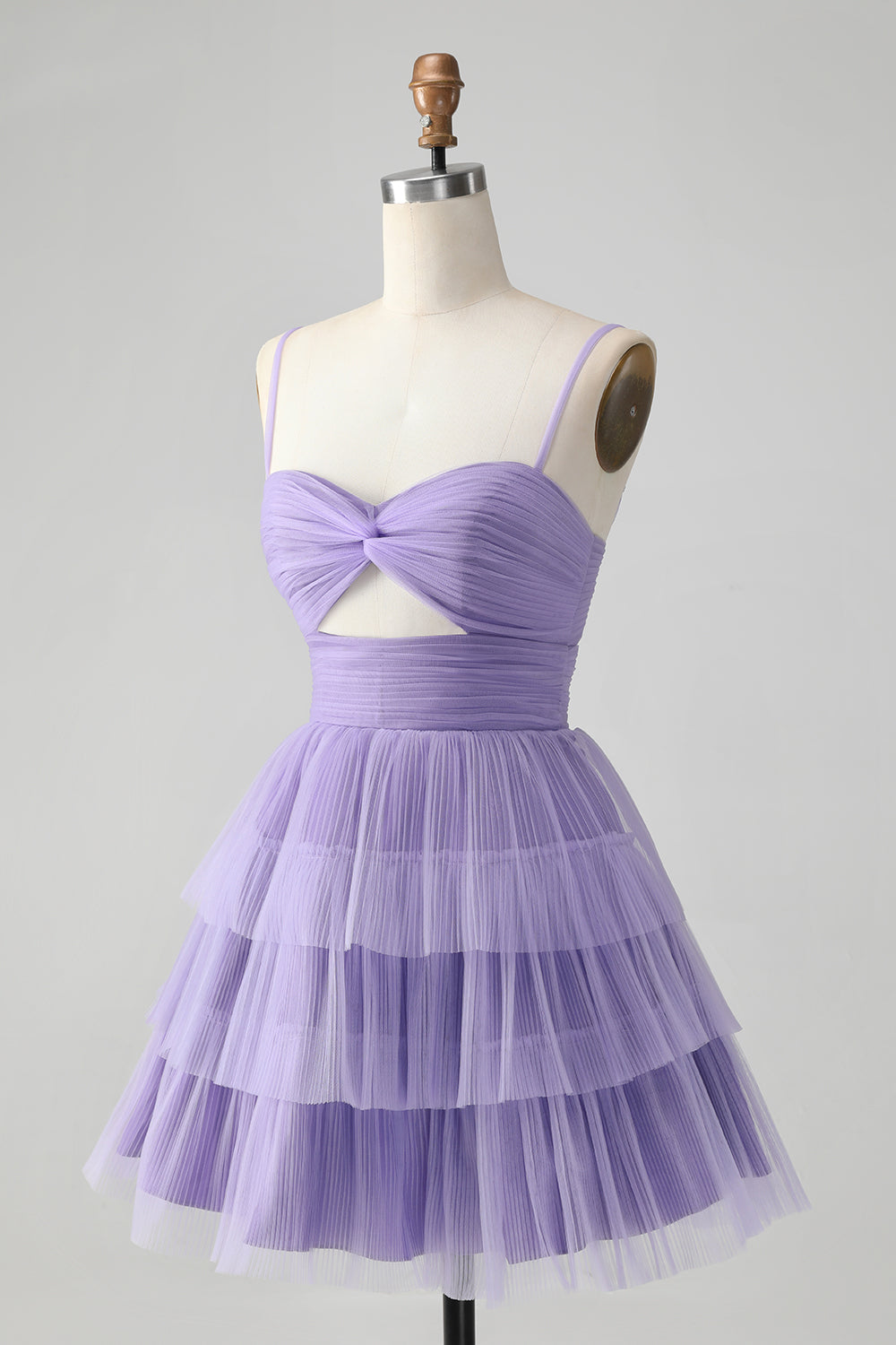 Cute Purple A Line Spaghetti Straps Tulle Tiered Short Homecoming Dress