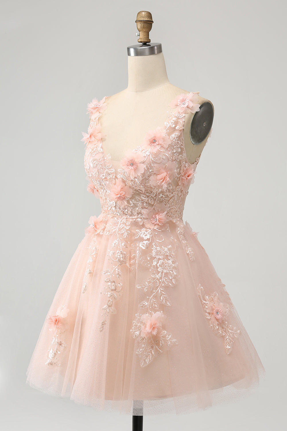 Sparkly Blush A Line V Neck Sequin Short Homecoming Dress with 3D Flowers