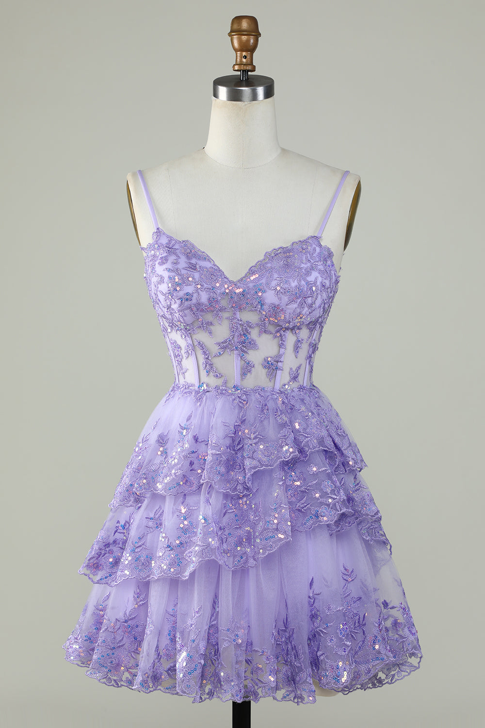 Gorgeous A Line Spaghetti Straps Purple Sparkly Corset Homecoming Dress