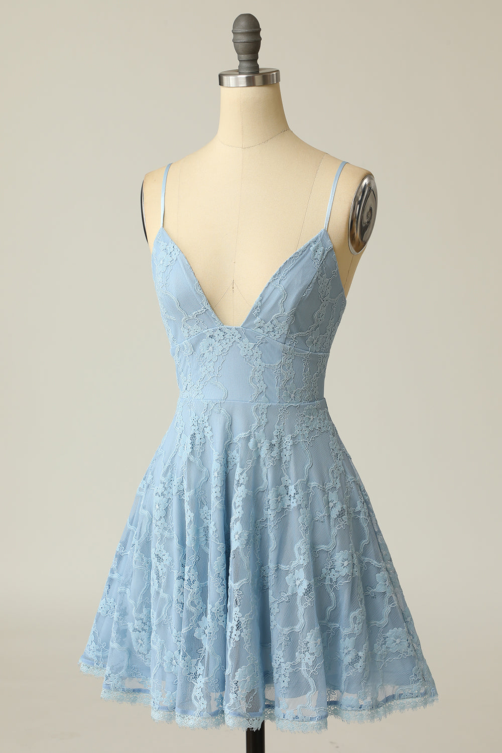 Spaghetti Straps Lace Blue Homecoming Dress