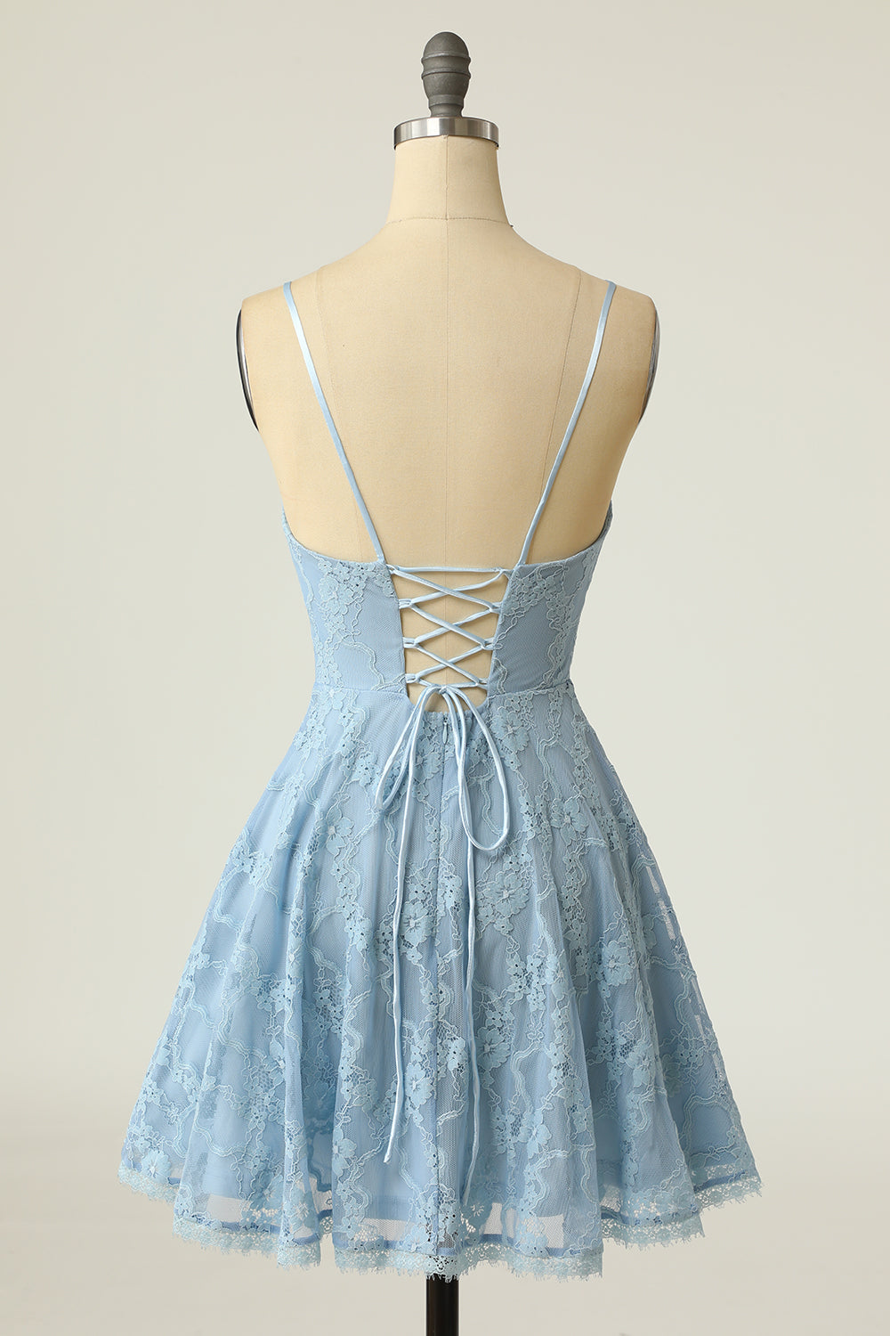 Spaghetti Straps Lace Blue Homecoming Dress