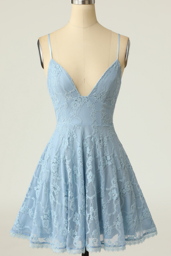 Spaghetti Straps Lace Blue Homecoming Dress