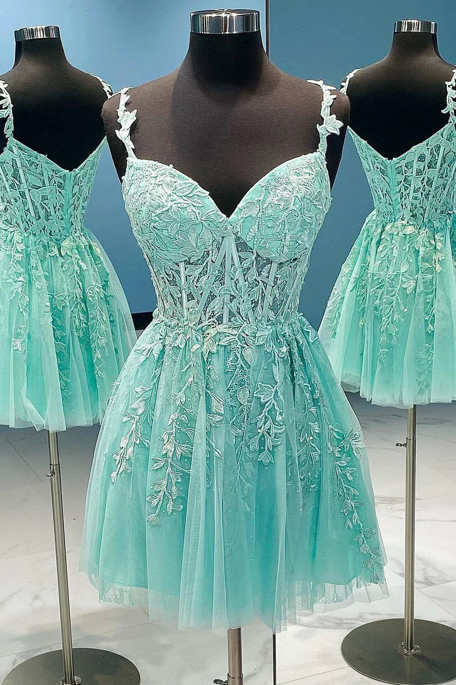 Mona | A Line Sweetheart Mint Appliques Short Homecoming Dresses