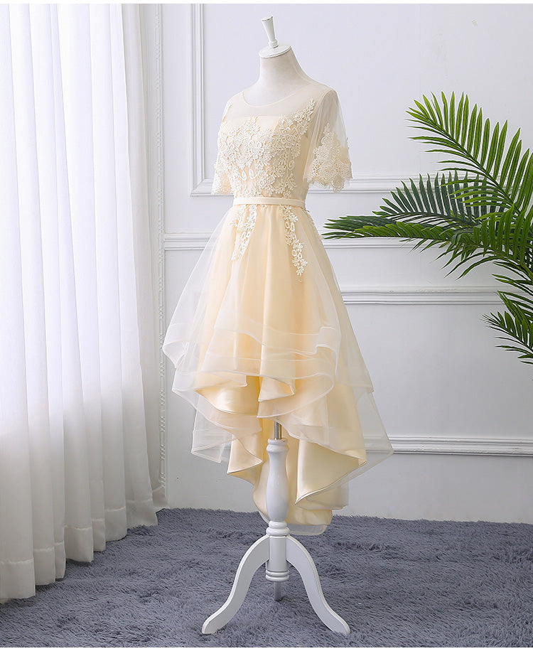 Adorable Light Champagne High Low Party Dress with Lace Applique, Short Homecoming Dress