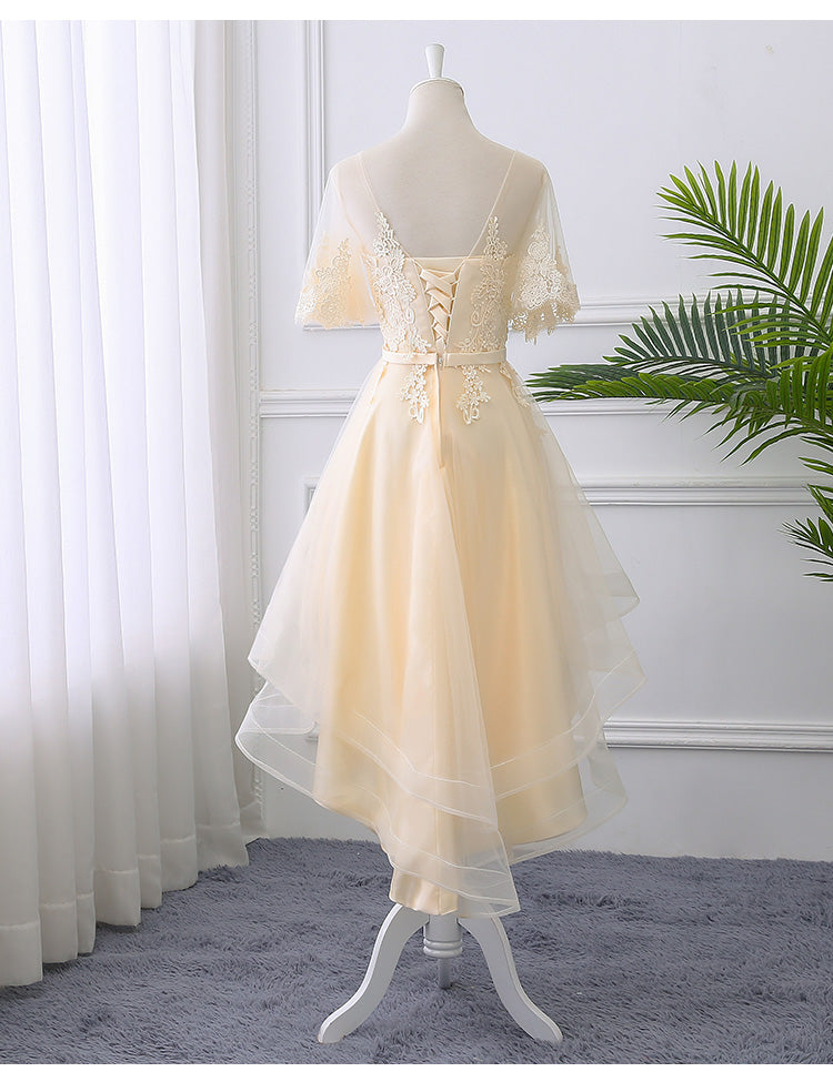 Adorable Light Champagne High Low Party Dress with Lace Applique, Short Homecoming Dress