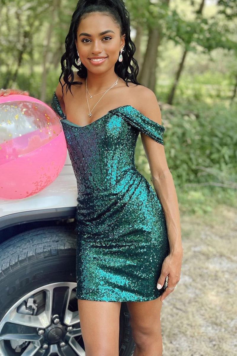 Lemus | Sparkly Off the Shoulder Dark Green Sequins Short Homecoming Dresses