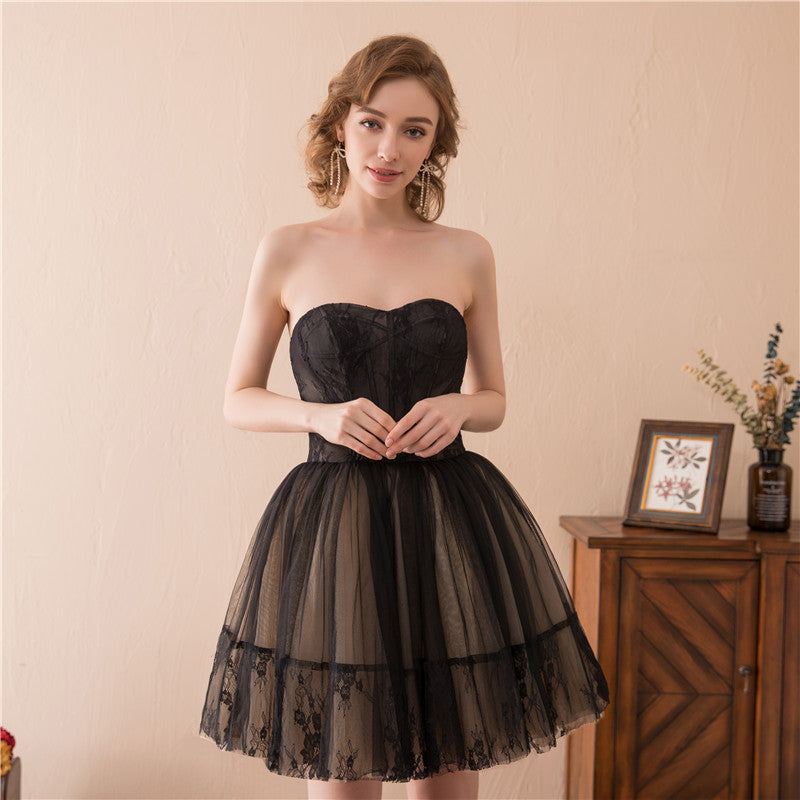 Black and Champagne Tulle Sweetheart Lace Short Party Dress, Tulle Homecoming Dresses