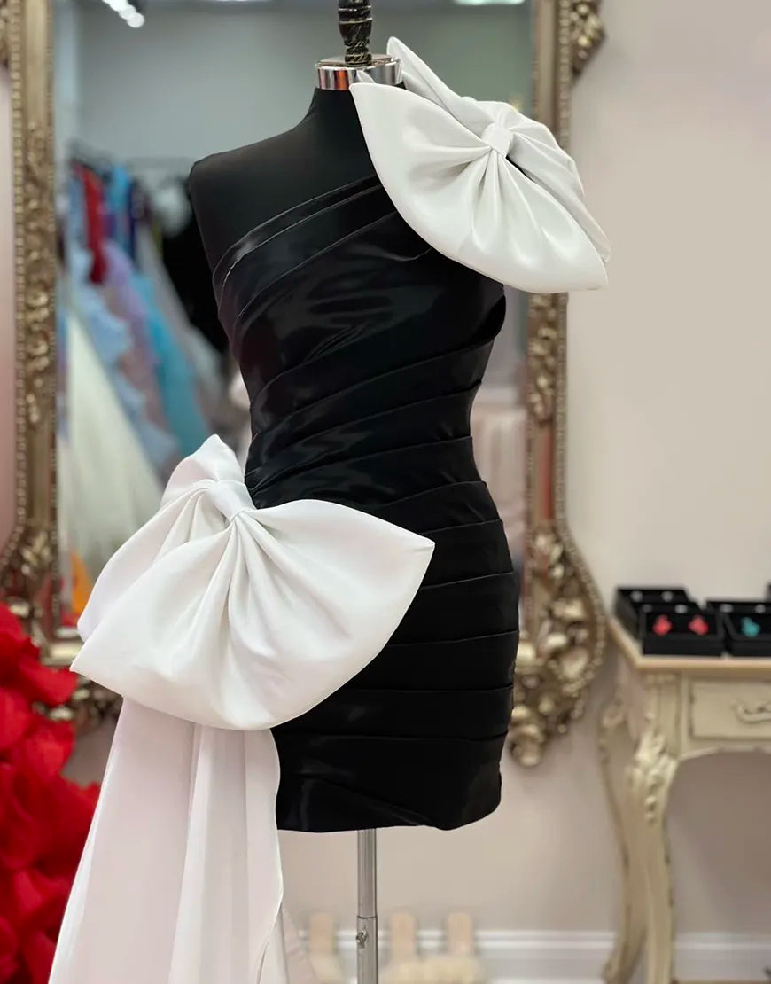 Black One Shoulder Tight Homecoming Dress with White Bows