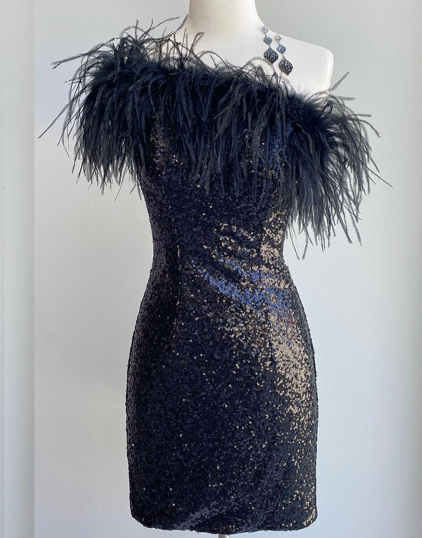 Farrah |Sheath Sequin Homecoming Dress with Feather