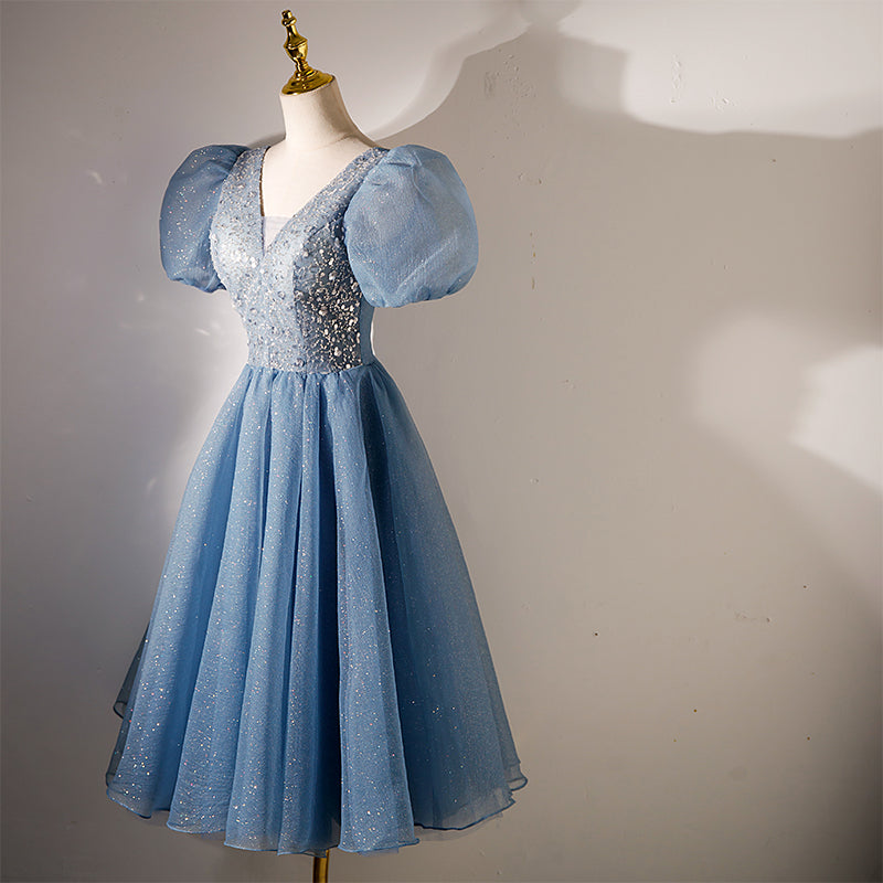 Blue Beaded Tulle Short Sleeves Formal Dresses, Blue Homecoming Dress Prom Dress