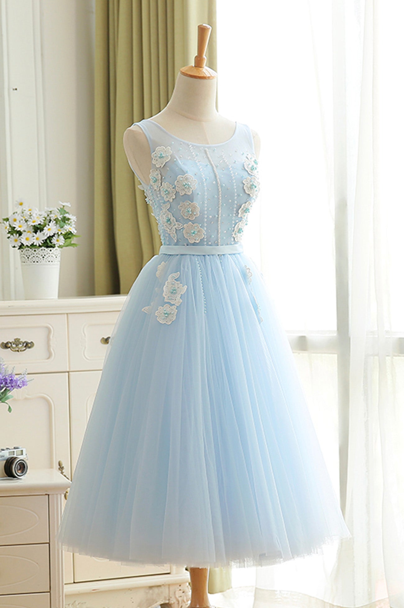 Blue Tulle Lace Short Prom Dress, A-Line Homecoming Party Dress